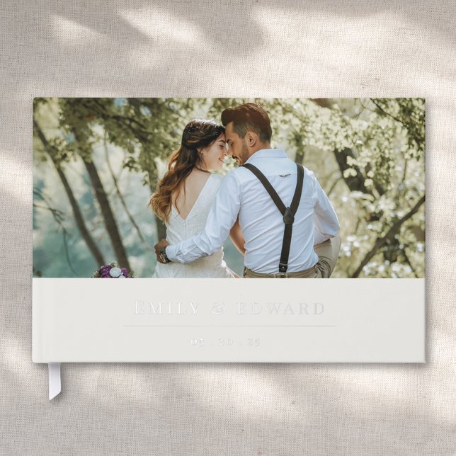 Modern Soft Beige and Silver Wedding Photo Foil Guest Book (Creator Uploaded)