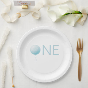 Modern Soft Blue Balloon Boy 1st Birthday Party Paper Plates