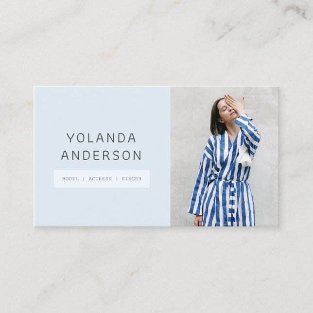 Modern soft blue fashion stylist actor model photo business card (Front)