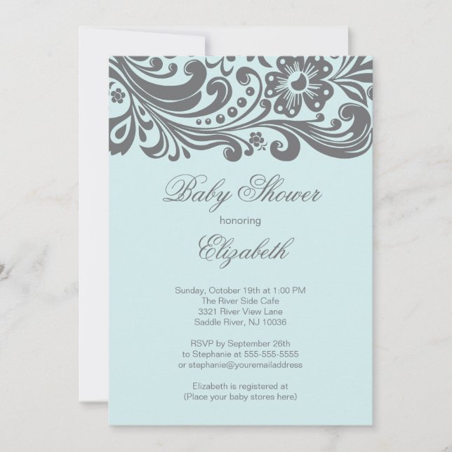 Modern Soft Blue Gray Floral Swirl Baby Shower Invitation (Front)