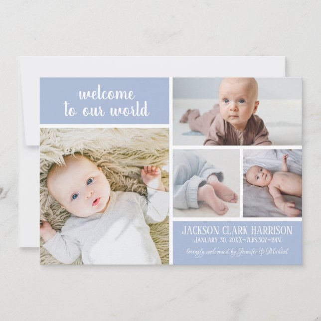 Modern Soft Blue Photo Collage Baby Boy Birth Announcement (Front)