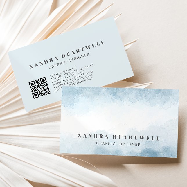 Modern Soft Blue Watercolor Abstract QR Code Business Card (Creator Uploaded)