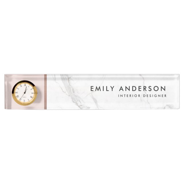 MODERN SOFT BLUSH PINK ROSE GOLD MARBLE TEXTURE DESK NAME PLATE (Front)