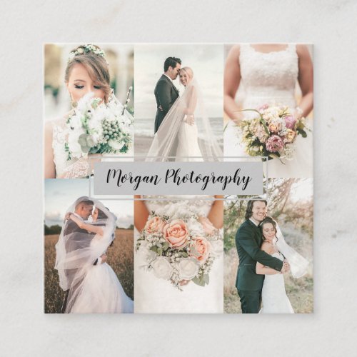 Modern soft gray photographer photo collage plain square business card