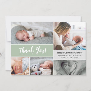 Modern Soft Green Custom Photo Collage Baby Birth Thank You Card