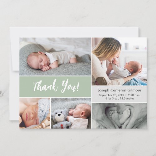 Modern Soft Green Custom Photo Collage Baby Birth Thank You Card