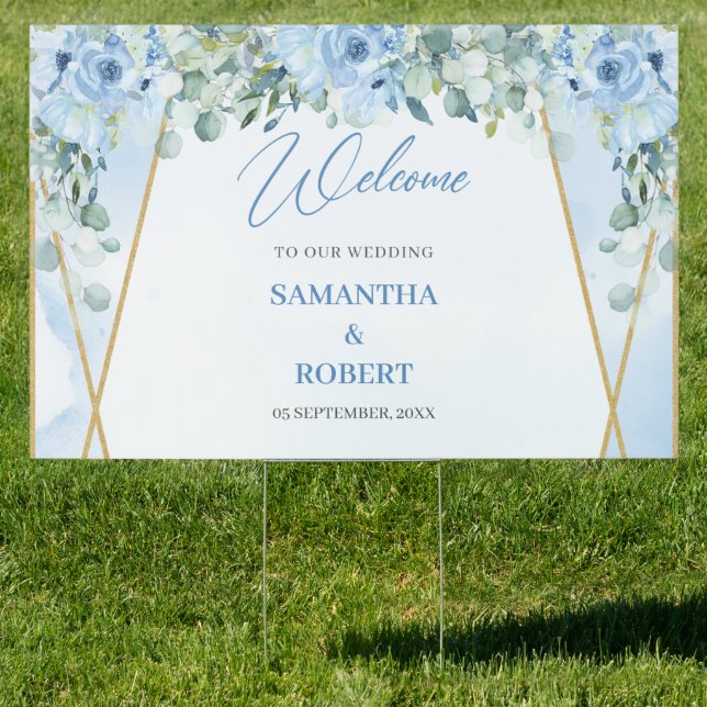 Modern soft pastel blue flowers gold Welcome  Sign (Insitu)
