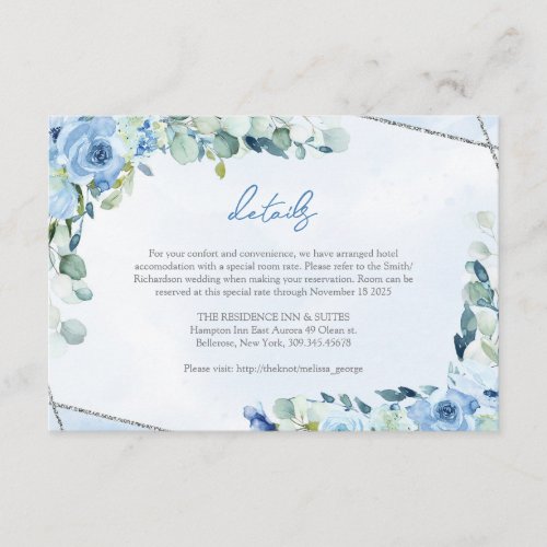 Modern soft pastel blue flowers silver details enclosure card