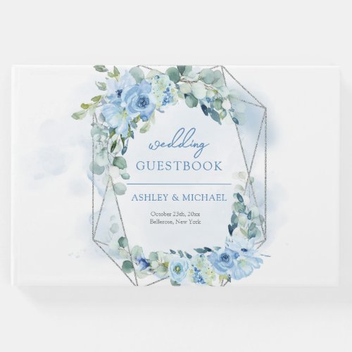 Modern soft pastel blue flowers silver frame sage guest book