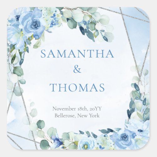 Modern soft pastel blue flowers silver frame sage square sticker