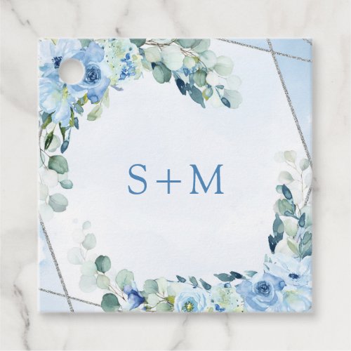 Modern soft pastel blue flowers silver initials favor tags