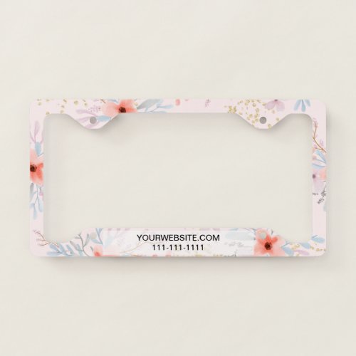 Modern soft pastel floral coral watercolor gold license plate frame