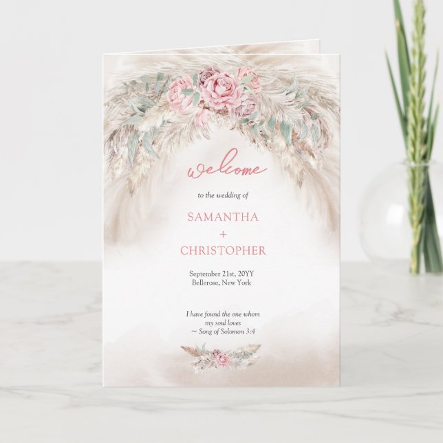 Modern soft pastel pink rose pampas folded program (Front)