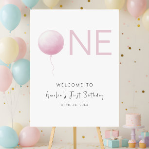 Modern Soft Pink Balloon Girl 1st Birthday Welcome Foam Board