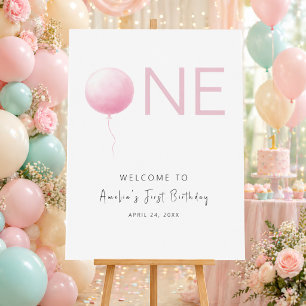 Modern Soft Pink Balloon Girl 1st Birthday Welcome Foam Board
