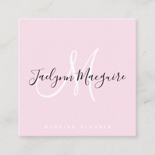 Modern soft pink elegant script signature monogram square business card