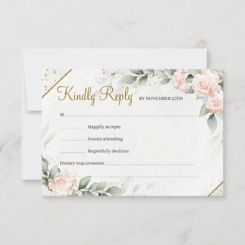 Modern Soft Pink Floral Boho Greenery Gold Frame RSVP Card