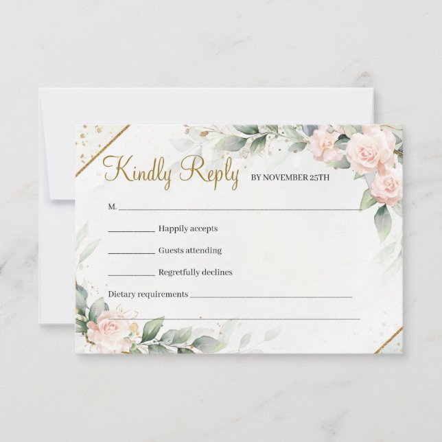 Modern Soft Pink Floral Boho Greenery Gold Frame RSVP Card (Front)