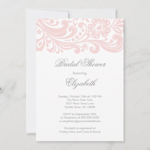 Modern Soft Pink Floral Swirl Bridal Shower Formal Invitation