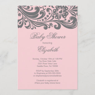 Modern Soft Pink Gray Floral Swirl Baby Shower Invitation