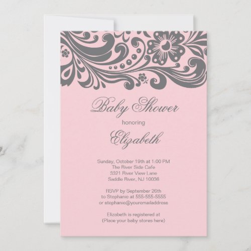 Modern Soft Pink Gray Floral Swirl Baby Shower Invitation