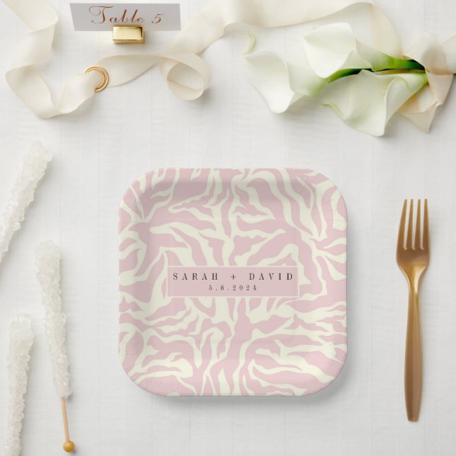 Modern Soft Pink Zebra Pattern Wedding Paper Plates (Wedding)