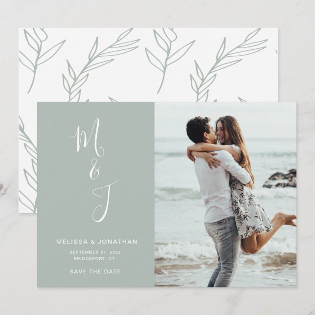 Modern Soft Sage Botanical Wedding Save The Date (Front/Back)