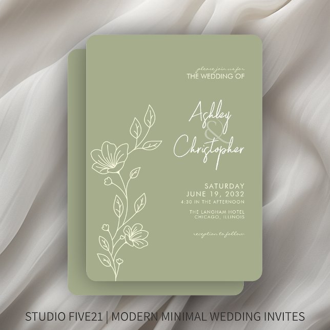 Modern Soft Sage Foliage Outline Wedding Invitation (Creator Uploaded)