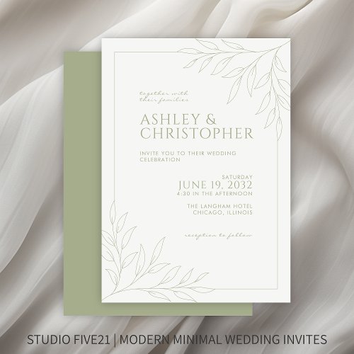 Modern Soft Sage Green Foliage Outline Wedding Invitation