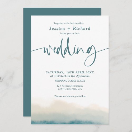 Modern soft teal watercolor summer wedding script invitation