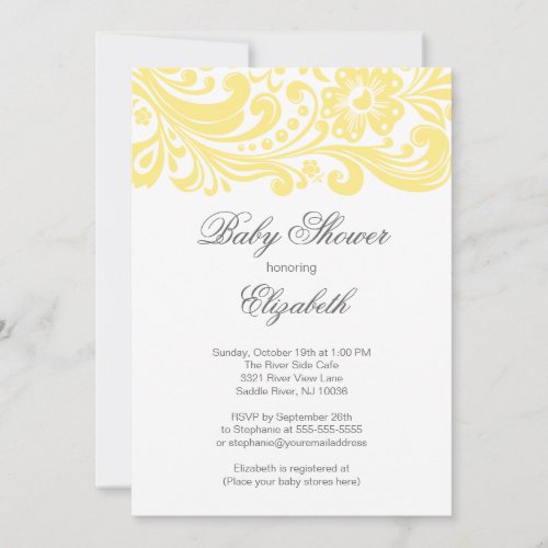 Modern Soft Yellow Floral Swirl Baby Shower Custom Announcement