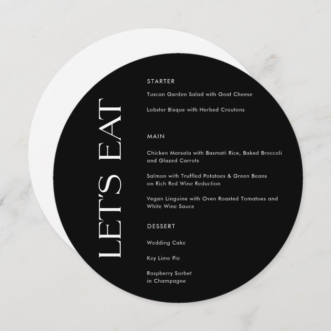 Modern Solid Black Typography Let's Eat Wedding Menu (Front/Back)