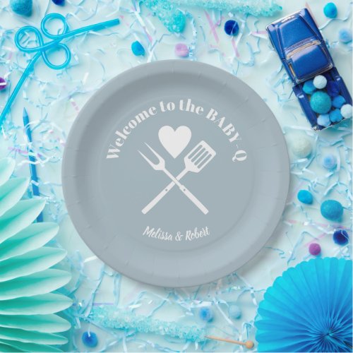 Modern Solid Blue BABY_Q Baby Shower BBQ Paper Plates