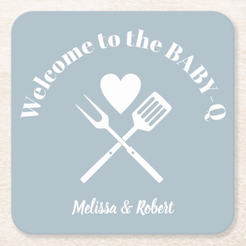 Modern Solid Blue BABY_Q Baby Shower BBQ Square Paper Coaster