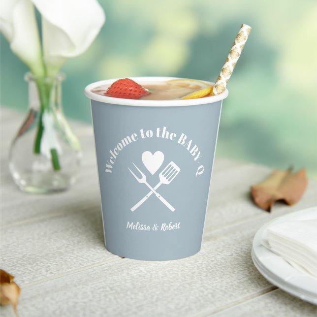 Modern Solid Blue Boy BABY-Q Baby Shower BBQ Paper Cups (Insitu)