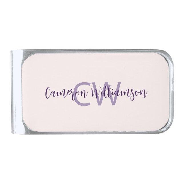 Modern Solid Blush Monogram  Silver Finish Money Clip (Front)