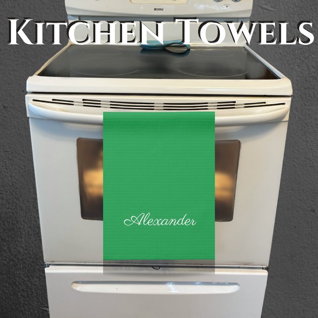 Modern Solid Bright Green template,  White Script  Kitchen Towel (Creator Uploaded)