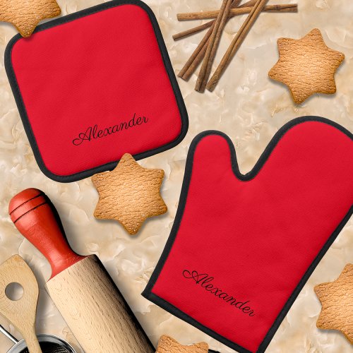 Modern Solid Bright Red Black template Oven Mitt  Pot Holder Set