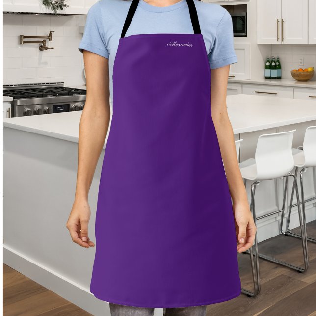 Modern Solid Color Dark Purple White Script  Apron (Creator Uploaded)