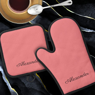 Modern Solid Colored Coral Template Black Script Oven Mitt & Pot Holder Set