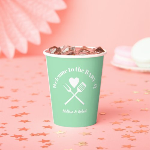 Modern Solid Mint Green BABY_Q Baby Shower BBQ Paper Cups