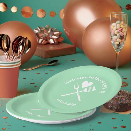 Modern Solid Mint Green BABY_Q Baby Shower BBQ Paper Plates
