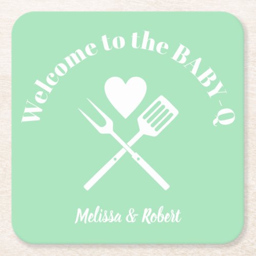 Modern Solid Mint Green BABY_Q Baby Shower BBQ Square Paper Coaster