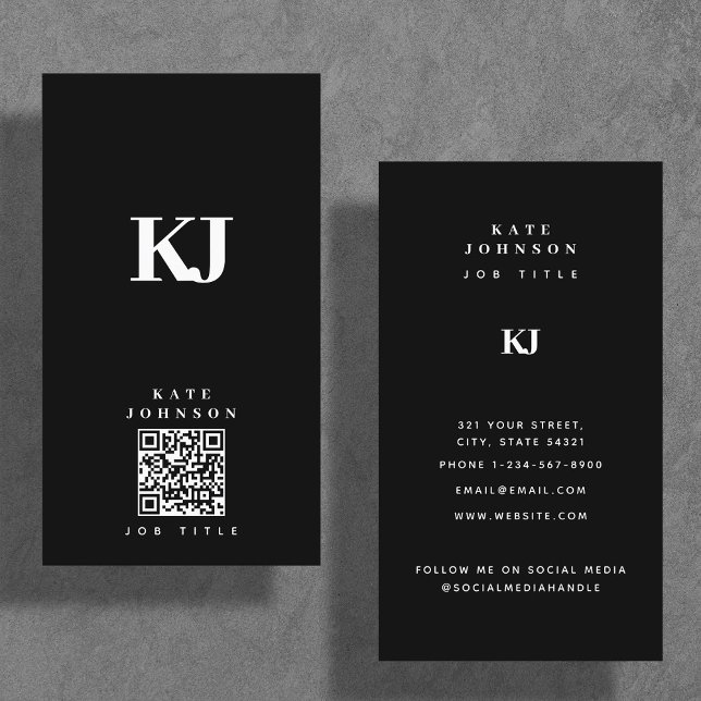 Modern Solid Monogram Initials QR Code Black Business Card (Creator Uploaded)
