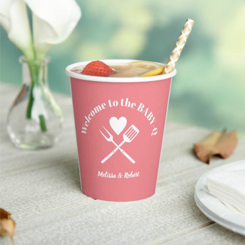 Modern Solid Pink BABY_Q Baby Shower BBQ Paper Cups