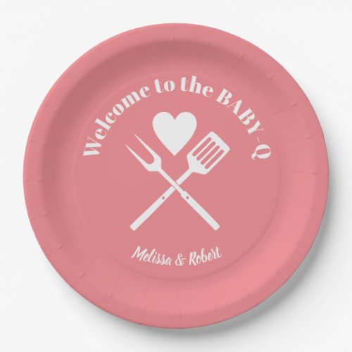 Modern Solid Pink BABY_Q Baby Shower BBQ Paper Plates