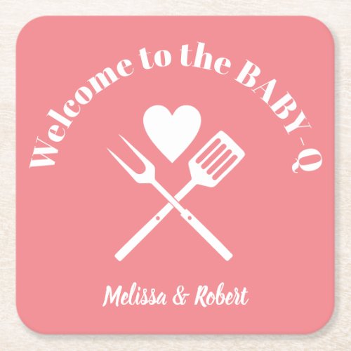 Modern Solid Pink BABY_Q Baby Shower BBQ Square Paper Coaster