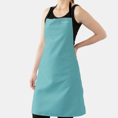 Modern Solid Teal Blue template White Script Apron