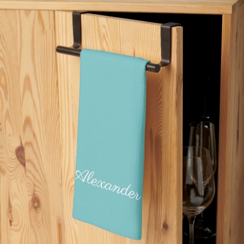 Modern Solid Teal Blue template White Script Kitchen Towel