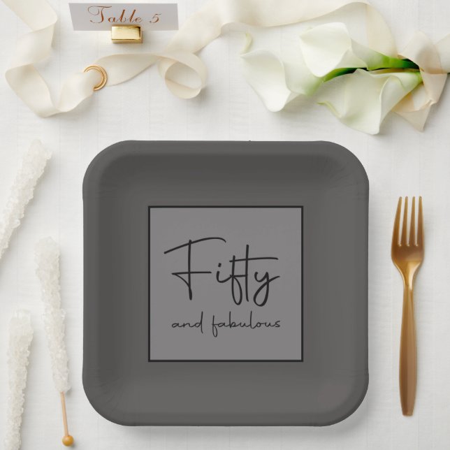Modern Sophisticated Script Gray Fifty & fabulous Paper Plates (Wedding)